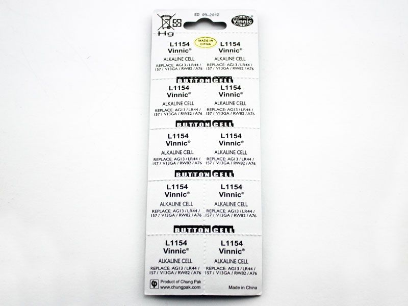 AG13 / LR44 / L1154 Button Cell Battery, Card of 10 batteries