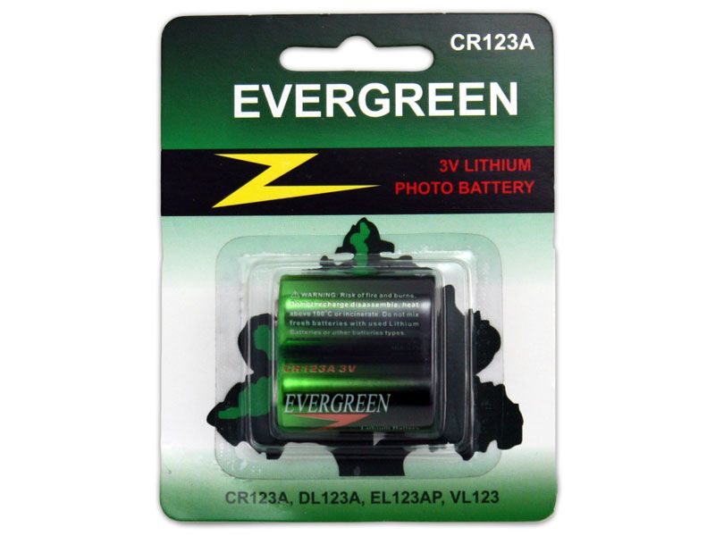 Evergreen CR123A CR123 3V Lithium Battery, Retail Blister