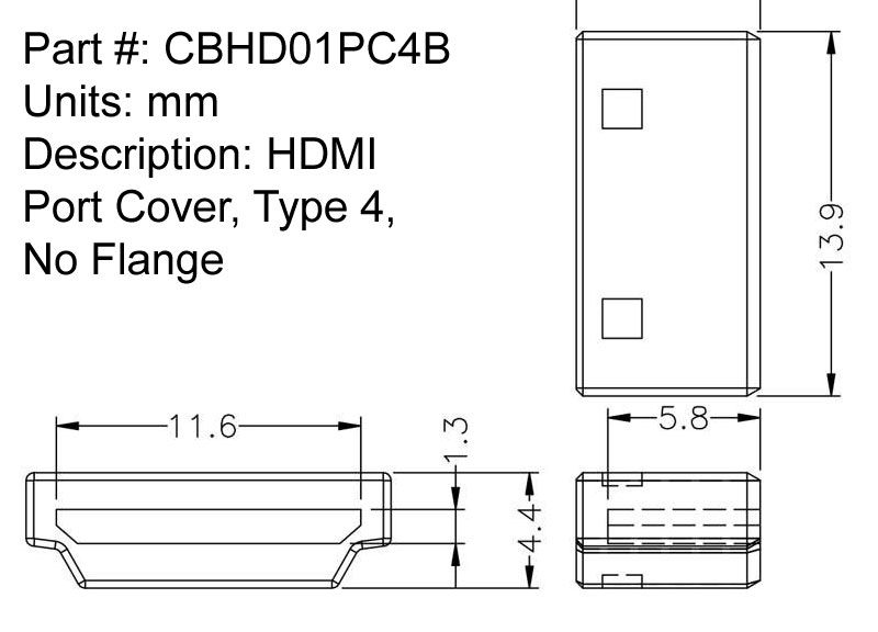 HDMI Port Jack Cover, Protective Cap, Flat Face, No Flange, Type 4, Black