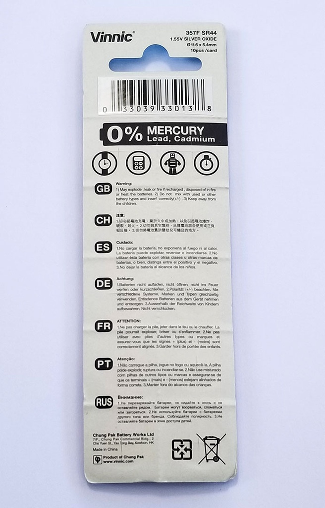 Vinnic 357F SR44 1.55V Silver Oxide Battery