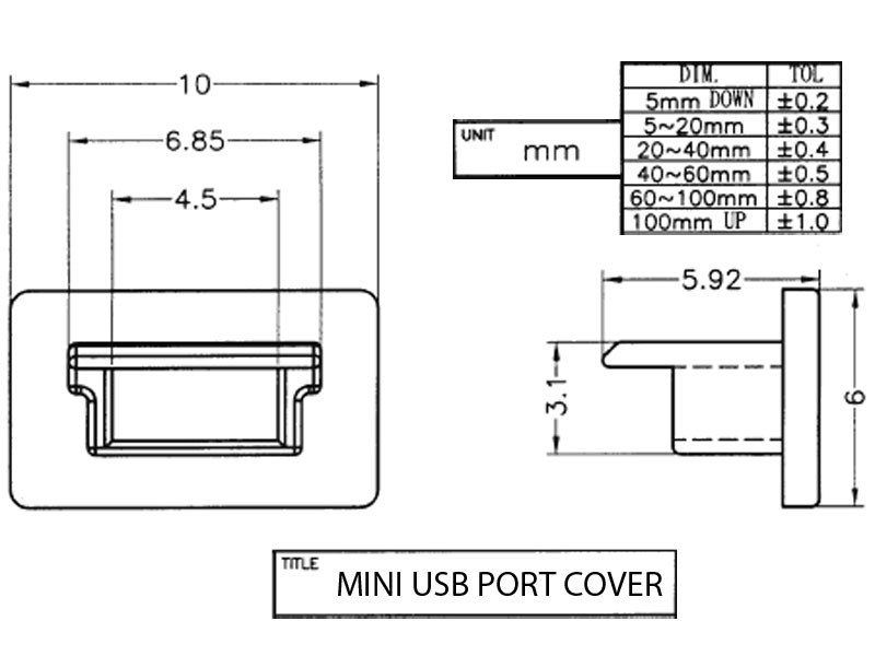Protective Cap / Cover for Mini USB Port, Flush Face, Rubber, BLACK