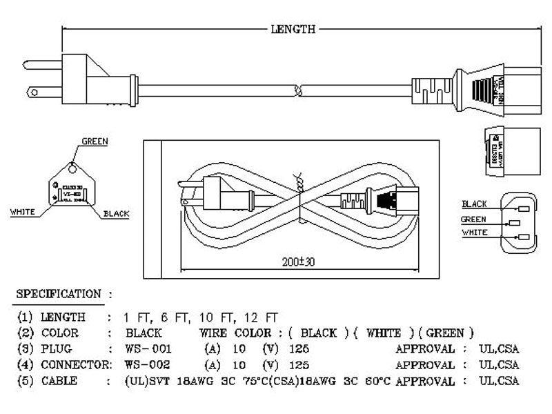 Universal PC Power Cable, 10 Foot Black UL/CSA Safety Cert