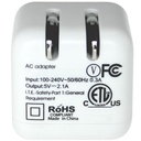 USB Power Adapter AC Wall Charger 5V Output 10 Watt 2.1A,  Input 100V - 240V, 60-60Hz
