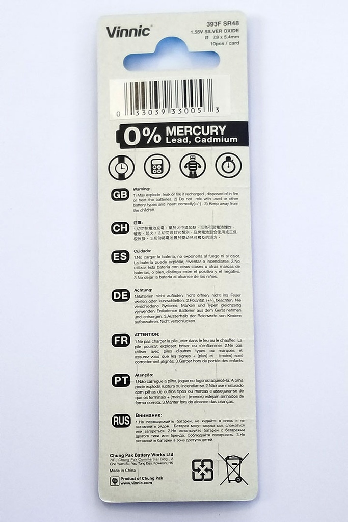 Vinnic 393F SR48 1.55V Silver Oxide Battery